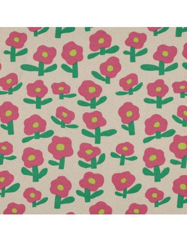 Tissu jersey coton maille côtelé Jennifer Bouron - Fleurs rose bonbon sur fond naturel