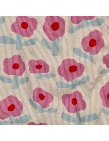 Tissu jersey coton maille côtelé Jennifer Bouron - Fleurs roses sur fond naturel