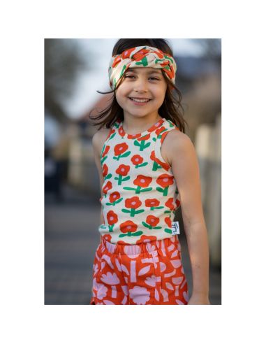 Tissu jersey coton maille côtelé Jennifer Bouron - Fleurs orange sur fond naturel