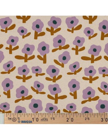 Tissu jersey coton maille côtelé Jennifer Bouron - Fleurs parme sur fond naturel