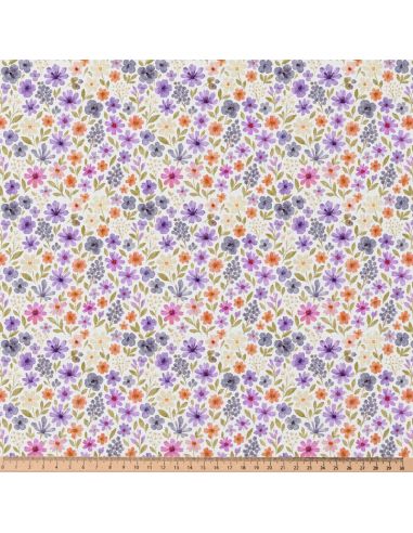 Tissu popeline de coton - Rozen blanc et violet
