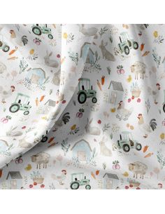 Tissu popeline de coton - Tracteur blanc et vert
