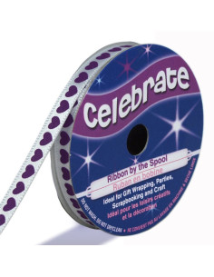 Celebrate white satin ribbon with purple hearts print - 6 mm x 4 meters