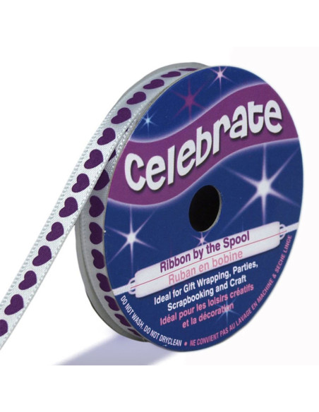 Celebrate white satin ribbon with purple hearts print - 6 mm x 4 meters