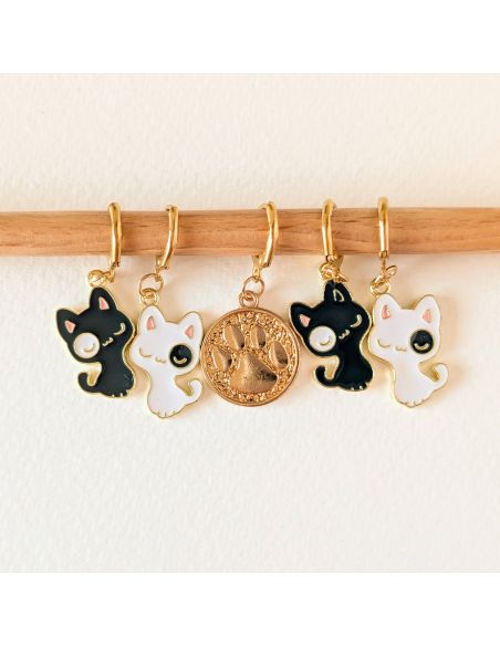 Lot de 5 anneaux marqueurs de maille - Chats blanc et noir