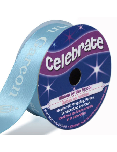 Celebrate light blue satin ribbon printed with "boy" - 25 mm x 3 meters