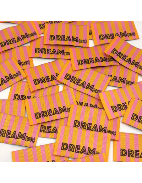Lot de 5 étiquettes tissées à coudre DREAM(er) rayures orange rose