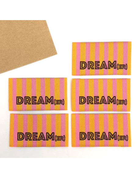 Lot de 5 étiquettes tissées à coudre DREAM(er) rayures orange rose