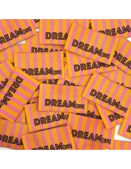 Lot de 5 étiquettes tissées à coudre DREAM(er) rayures orange rose