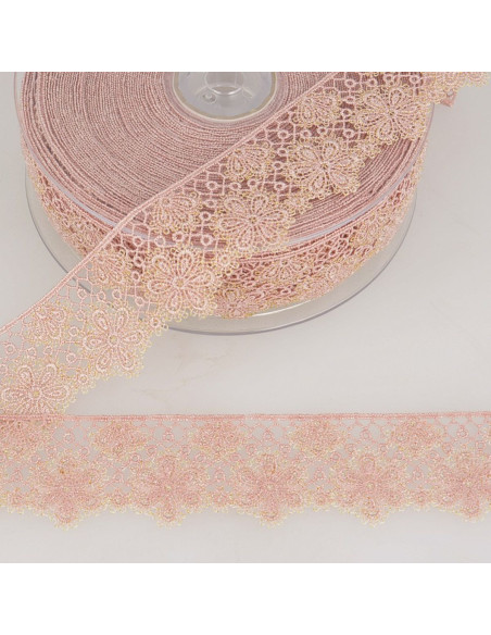 Lurex flower lace - Pink and beige