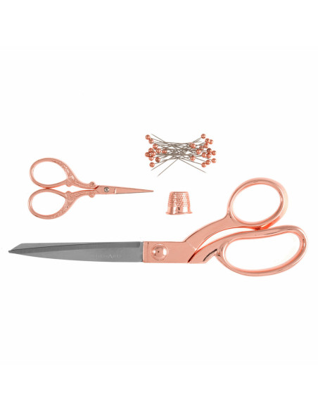 Sewing and embroidery scissors set, thimble, and pins - Rose gold
