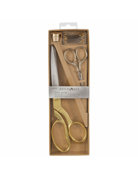 Sewing and embroidery scissors set, thimble, and pins - Gold