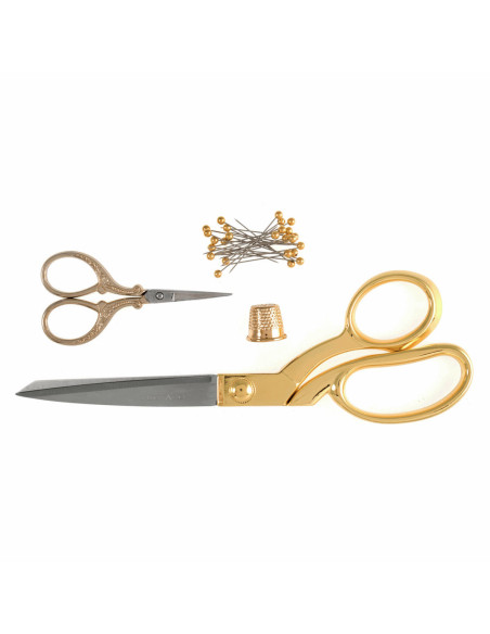 Sewing and embroidery scissors set, thimble, and pins - Gold