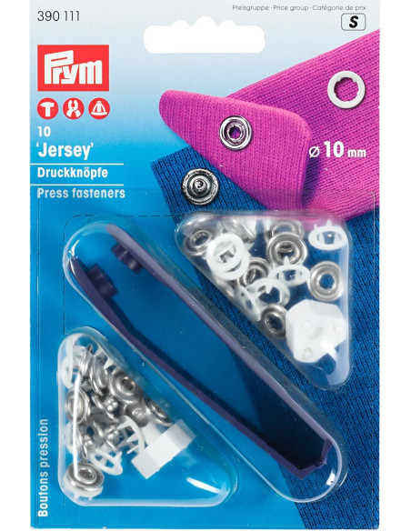 Box of 10 white jersey snap buttons with 10 mm tool