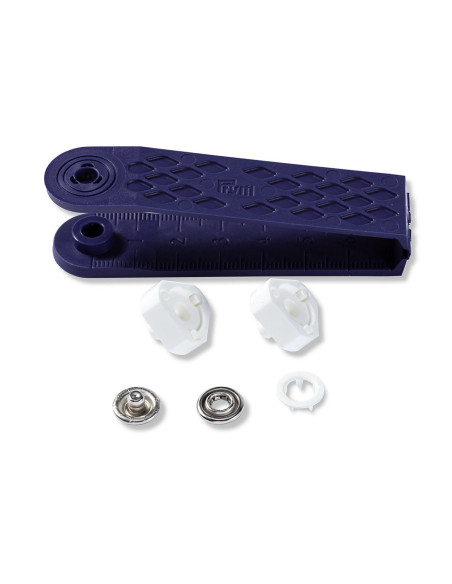 Box of 10 white jersey snap buttons with 10 mm tool