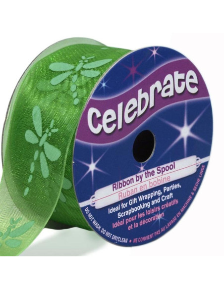 Celebrate green dragonfly organza ribbon - 25 mm x 3 m