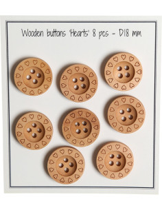 Pack of 8 wooden heart buttons 18 mm