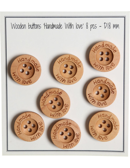 Pack of 8 handmade wooden buttons with love, 18 mm