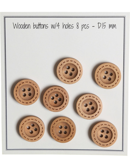 Pack of 8 wooden buttons with round groove stitches, 15 mm