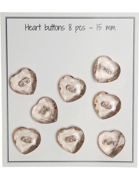 Pack of 8 transparent beige heart buttons 15 mm