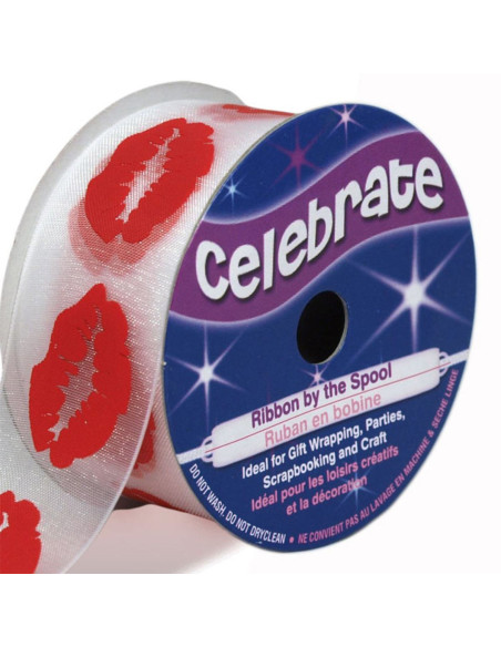 Celebrate red lips organza ribbon - 25 mm x 3 m