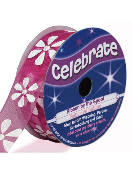 Celebrate fuchsia organza ribbon with flowers - 15 mm x 3.5 m