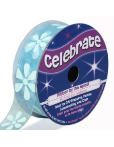 Celebrate sky blue organza ribbon with flowers - 15 mm x 3.5 m