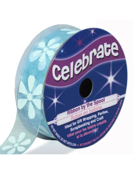 Celebrate sky blue organza ribbon with flowers - 15 mm x 3.5 m