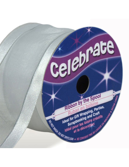 Celebrate white organza ribbon with gray trim - 38 mm x 4 m