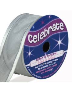 Celebrate white organza ribbon with gray trim - 25 mm x 4 m