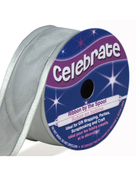 Celebrate white organza ribbon with gray trim - 25 mm x 4 m