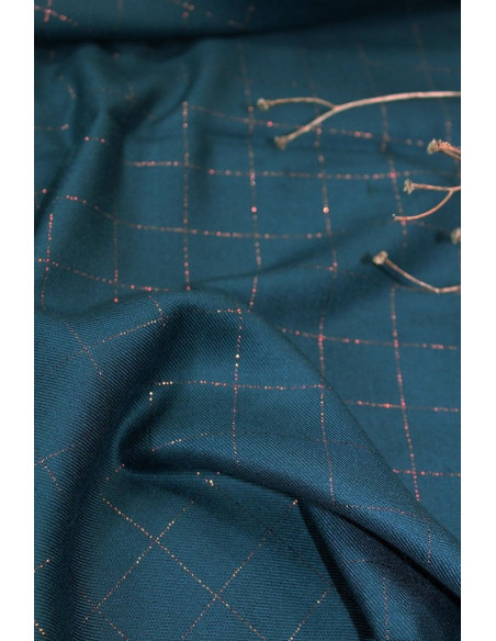 Petrol blue checkered viscose twill fabric with copper lurex - Églantine & Zoé