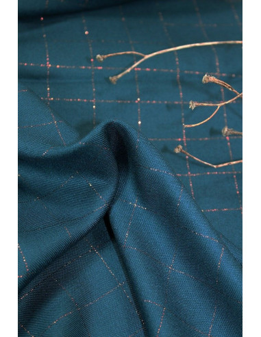 Petrol blue checkered viscose twill fabric with copper lurex - Églantine & Zoé