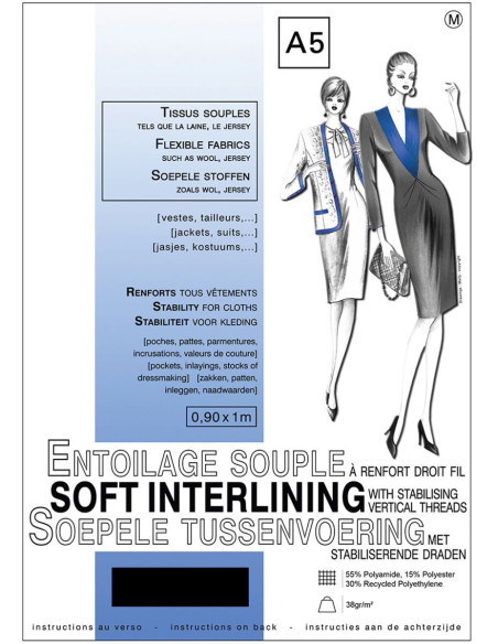 Soft non-woven fusible interfacing with straight grain reinforcement 0.9 x 1.0 m - Soft fabrics - Black