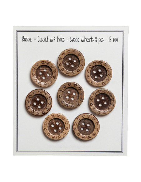 Pack of 8 coconut heart buttons 18 mm