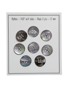 Set of 8 black 15 mm 4-hole mother-of-pearl buttons