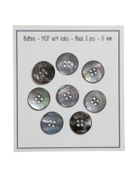 Set of 8 black 15 mm 4-hole mother-of-pearl buttons