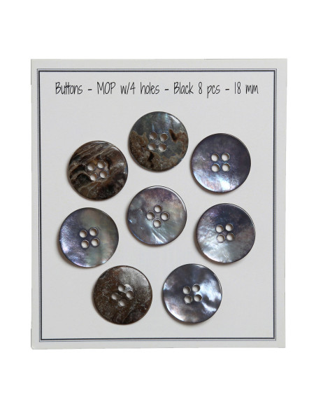 Set of 8 black 18 mm 4-hole mother-of-pearl buttons