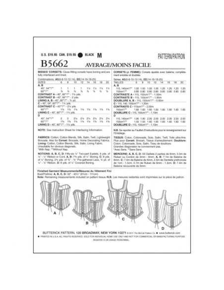 Corset Pattern - Butterick B5662 34-36-38-40-42 (A5)