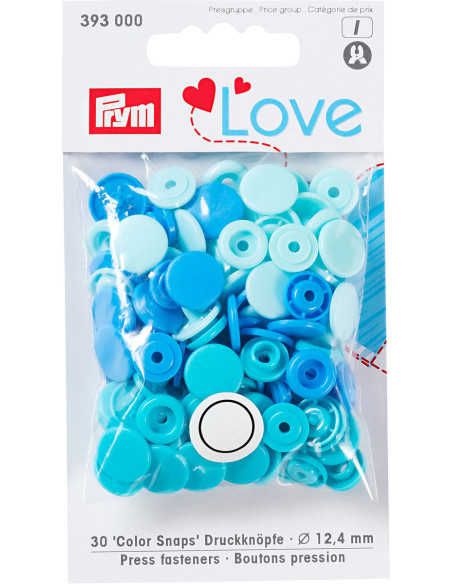 Set of 30 Color Snaps press buttons 12.4 mm - Sky blue, turquoise, and blue