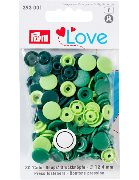 Set of 30 Color Snaps press buttons 12.4 mm - Apple green, green, and fir green