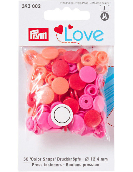 Set of 30 Color Snaps press buttons 12.4 mm - Red, pink, and peach