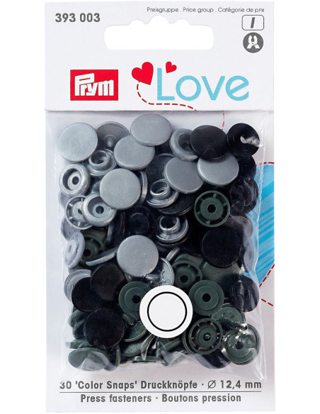 Set of 30 Color Snaps press buttons 12.4 mm - Gray, anthracite, and black