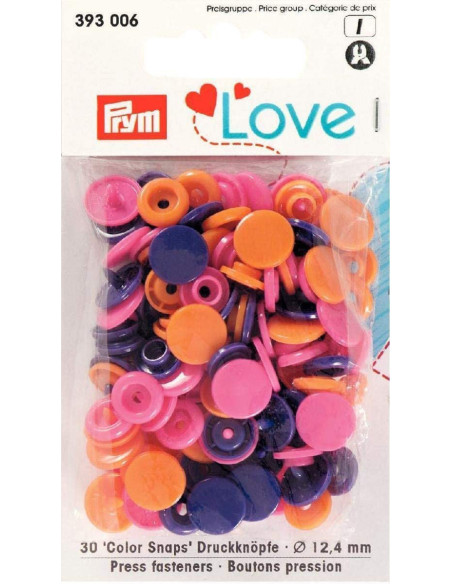 Set of 30 Color Snaps press buttons 12.4 mm - Orange, fuchsia, and purple