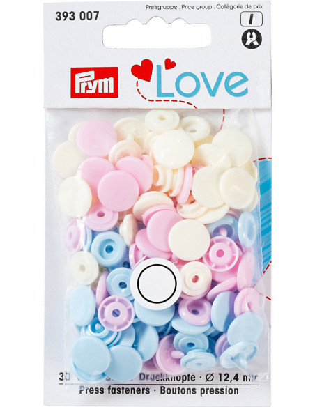 Set of 30 Color Snaps press buttons 12.4 mm - Pink, light blue, and off-white