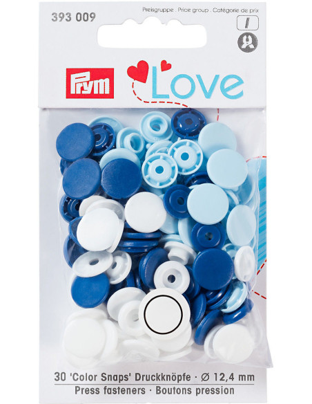 Set of 30 Color Snaps press buttons 12.4 mm - Blue, white, and light blue