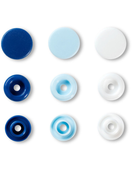Set of 30 Color Snaps press buttons 12.4 mm - Blue, white, and light blue