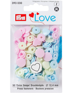 Set of 30 Color Snaps Heart Press Studs 12.4 mm - Pink, Lime Green, and Sky Blue