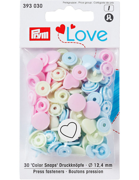 Set of 30 Color Snaps Heart Press Studs 12.4 mm - Pink, Lime Green, and Sky Blue