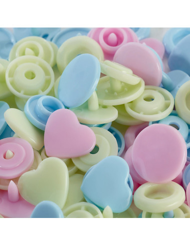 Set of 30 Color Snaps Heart Press Studs 12.4 mm - Pink, Lime Green, and Sky Blue